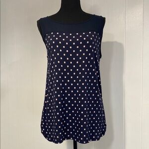 LOFT Tank Top Polka Dots Semi-Sheer Top Dark Blue with Pink Dots Size Medium